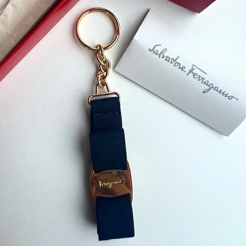 Ferragamo Timeless Vara Bow Key Chain Gift Navy Gold Logo NWOT